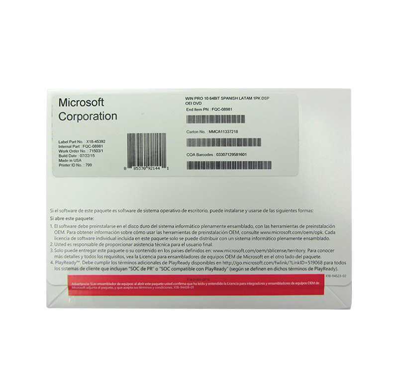 Sistema Operativo Microsoft Windows PRO 10, 64 bits, español, 1pk, DSP OEM DVD.