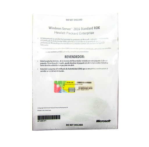 [ 248025] Licencia HPE Microsoft Windows Server 2016 Standar, OEM, ROK, 16 Núcleos.