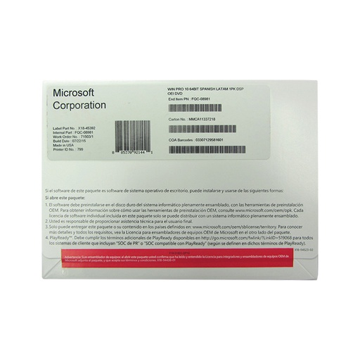 [ 162368] Sistema Operativo Microsoft Windows PRO 10, 64 bits, español, 1pk, DSP OEM DVD.