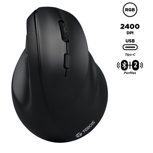 [ 420255] Mouse Teros TE-5169N, Inalámbrico Doble Modo: 2.4G+Bluetooth, 2400 DPI, Vertical, Negro