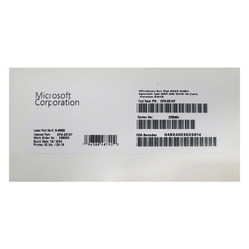 [ 467626] Sistema Operativo Microsoft WINDOWS SVR STD 2025 64BIT 1PK Spanish OEM (EP2-25197)