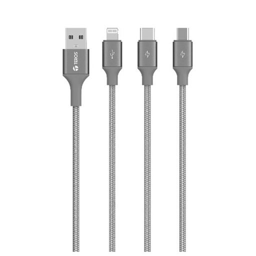 [ 424447] Cable de carga 3 en 1 TEROS TE-70210W, USB a Tipo C/Lightning/Micro USB, 17.5W Máx, gris