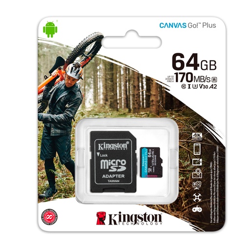 [ 397635] Memoria Flash microSDXC Kingston Canvas Go! Plus, 64GB con adaptador SD.